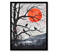 Red Winter Sun and Birds on Forest Tree Landscape Framed Wall Art Artery8 Orange A4