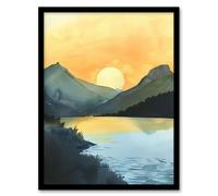 Artery8 Redfish Lake Mountain Landscape Lakeside Sunrise Framed Wall Art in Yellow | Size: A4 Artery8 Yellow A4