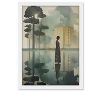 Artery8 Reflecting and Reflection of Calm Artwork Modern Simple Calming Soft Painting Flat Lake Trees Artwork Framed A3 Wall Art Print