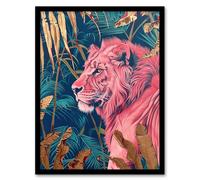 Artery8 Regal Pink Lion in Teal Blue Gold Tropical Jungle Living Room Artwork Framed Wall Art Print A4