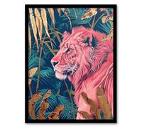 Artery8 Regal Pink Lion in Teal Blue Gold Tropical Jungle Living Room Artwork Framed Wall Art Print A4