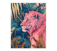 Artery8 Regal Pink Lion in Teal Blue Gold Tropical Jungle Living Room Large Wall Art Poster Print Thick Paper 18X24 Inch