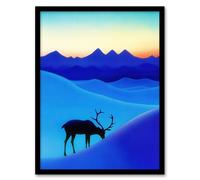Artery8 Reindeer Arctic Landscape Snow Dawn Watercolour Framed Art Print in Blue | Size: A4 Artery8 Blue A4