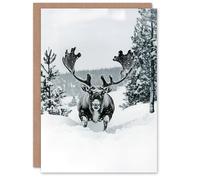 Artery8 Reindeer Black White Winter Forest Snow Blank For Him Or Her Art Xmas Festive Christmas Card