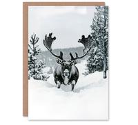 Artery8 Reindeer Black White Winter Forest Snow Blank For Him Or Her Art Xmas Festive Christmas Card