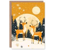 Artery8 Reindeer Forest Winter Full Moon Sun Blank For Him Or Her Art Xmas Festive Christmas Card
