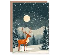 Artery8 Reindeer Moon North Pole Winter Snow Blank For Him Or Her Art Xmas Festive Christmas Card