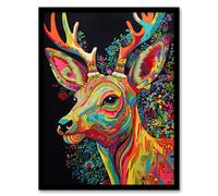 Artery8 Reindeer Rainbow Abstract Floral Pattern Stag Head Vibrant Bold Bright Colourful Painting Artwork Framed Wall Art Print A4