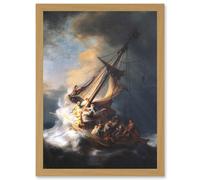 Rembrandt Christ Storm On Lake Of Galilee Sailing Ship A4 Artwork Framed Wall Art Print Artery8 Light Oak One Size
