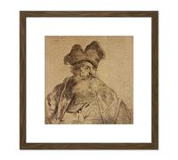 Artery8 Rembrandt Old Man Divided Fur Cap Sketch Drawing 8X8 Inch Square Wooden Framed Wall Art Print Picture with Mount in Brown Artery8 Brown