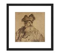 Artery8 Rembrandt Old Man Divided Fur Cap Sketch Drawing 8X8 Inch Square Wooden Framed Wall Art Print Picture with Mount in Black Artery8 Black