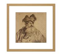 Artery8 Rembrandt Old Man Divided Fur Cap Sketch Drawing 8X8 Inch Square Wooden Framed Wall Art Print Picture with Mount in Light Oak Artery8 Light Oak