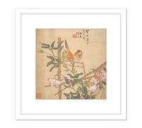 Artery8 Ren Yi Two Birds Perched Rose Bush Painting 8X8 Inch Square Wooden Framed Wall Art Print Picture with Mount in White Artery8 White