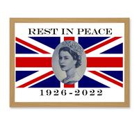 Rest In Peace Queen Elizabeth II Union Jack Flag Queen's Funeral National Mourning Window or Wall Decoration Artwork Framed Wall Art Print A4 Artery8 Light Oak One Size