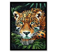 Artery8 Resting Jaguar In Lush Jungle Animal Portrait Framed Art Print in Green | Size: A4 Artery8 Green A4