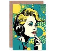 Artery8 Retro 1950s Woman Telephone Headset Comic Book Wife Her Mum Sister Daughter Mom Gran Nan Birthday Thank You Congratulations Blank Art Greeting Card