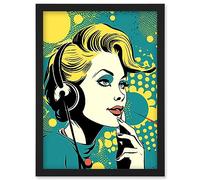Artery8 Retro 1950's Woman Telephone Headset Comic Book Style Blue Yellow Hello Girl Portrait Artwork Framed Wall Art Print A4