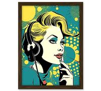 Artery8 Retro 1950's Woman Telephone Headset Comic Book Style Blue Yellow Hello Girl Portrait Artwork Framed A3 Wall Art Print