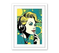 Artery8 Retro 1950's Woman Telephone Headset Comic Book Style Blue Yellow Hello Girl Portrait Artwork Framed Wall Art Print 18X24 Inch