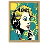 Artery8 Retro 1950's Woman Telephone Headset Comic Book Style Blue Yellow Hello Girl Portrait Artwork Framed A3 Wall Art Print