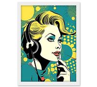 Artery8 Retro 1950's Woman Telephone Headset Comic Book Style Blue Yellow Hello Girl Portrait Artwork Framed A3 Wall Art Print