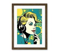 Artery8 Retro 1950's Woman Telephone Headset Comic Book Style Blue Yellow Hello Girl Portrait Artwork Framed Wall Art Print 18X24 Inch