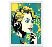 Artery8 Retro 1950's Woman Telephone Headset Comic Book Style Blue Yellow Hello Girl Portrait Artwork Framed Wall Art Print A4