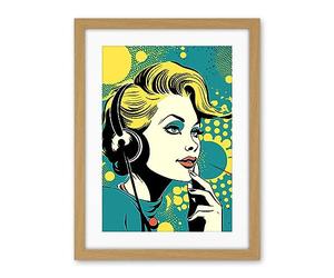 Artery8 Retro 1950's Woman Telephone Headset Comic Book Style Blue Yellow Hello Girl Portrait Artwork Framed Wall Art Print 18X24 Inch