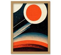 Artery8 Retro Boho Space Starscape Abstract Mid Century Style Navy Teal Orange Cream Artwork Framed Wall Art Print A4 in Light Oak Artery8 Light Oak