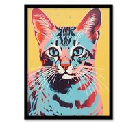 Wall Art Print Retro Cat Moggie Duotone Blue Yellow Bold Vibrant Screen Risograph Artwork Spot Block Colour Riso Interior Design Art Framed Artery8 Black A4