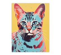 Artery8 Retro Cat Moggie Duotone Blue Yellow Bold Vibrant Screen Print Risograph Artwork Spot Block Colour Riso Interior Design Extra Large XL Wall Art Poster Print