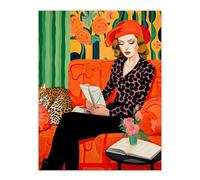 Wall Art Print Retro Chic Oil Painting Orange Green Lounge Portrait Woman and Leopard on Couch Poster Artery8 Orange W24 inch x H32 inch