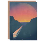 Artery8 Greeting Card Retro Futurism Sci Fi Planet Train Travel Design Blank For Him Or Her Art Birthday Card
