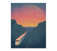 Retro Futurism Sci Fi Planet Train Travel Design Wall Art Print Artery8 Blue W24 inch x H32 inch