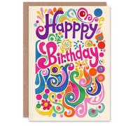 Artery8 Birthday Card Retro Hippy Flower Fun Joyful Colourful Design For Her Gran Sister Niece Daughter Wife Woman Greeting Card