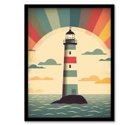 Artery8 Retro Lighthouse Bathroom Art Sunrise Mid Century Modern Flat Vintage Style Art Print Framed Poster Wall Decor 12x16 inch | Size: W12" x H16" Artery8 Black W12" x H16"