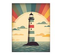 Artery8 Retro Lighthouse Bathroom Art Sunrise Mid Century Modern Flat Vintage Style Extra Large XL Wall Art Poster Print