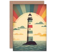 Artery8 Retro Lighthouse Sunrise for Him or Her Birthday Thank You Greeting Card Artery8 Multicolor