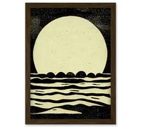 Artery8 Retro Moonrise Over Sea Black & White Linocut Illustration Artwork Framed Wall Art Print A4 in Brown Artery8 Brown