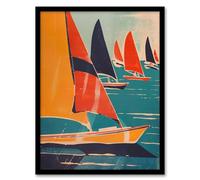 Retro Sailboats at Sea Artwork Nautical Fun Framed Art Print Artery8 Orange A4