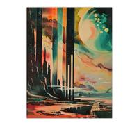 Retro Sci-Fi Cliff by Moon Artwork Galaxy Fantasy Wall Art Print Artery8 Multi W24 inch x H32 inch