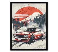 Artery8 Retro Vintage Sportscar Classic Japanese Red Sky Man Cave Fathers Day Artwork Framed Wall Art Print 18X24 Inch