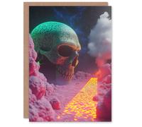 Artery8 Retrofuturism Surreal Villain Skeleton Head Lair Greeting Card in Pink Artery8 Pink