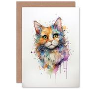 Artery8 Reverse Calico Cat Lovers Gift Watercolour Pet Portrait Painting Artwork Sealed Greeting Card Plus Envelope Blank inside