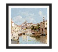 Artery8 Reyna Manescau Venetian Canal Landscape Painting Square Wooden Framed Wall Art Print Picture 16X16 Inch