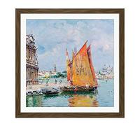 Artery8 Reyna Manescau Venice Ship Seascape Painting Square Wooden Framed Wall Art Print Picture 16X16 Inch