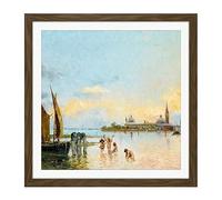 Artery8 Reyna Manescau Venice View Seascape Painting Square Wooden Framed Wall Art Print Picture 16X16 Inch
