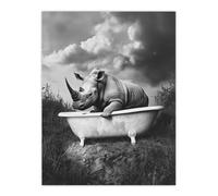 Artery8 Rhino in Bathtub Black White Bath Time Surreal Bathroom Toilet Large Wall Art Poster Print Thick Paper 18X24 Inch