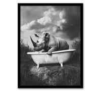 Rhino in Bathtub Black White Bath Time Surreal Framed Art Print Artery8 Grey A4