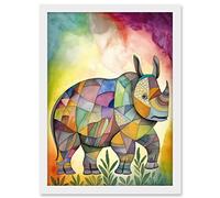 Artery8 Rhinoceros Pastel Colour Portrait Folk Art Artwork Framed A3 Wall Art Print